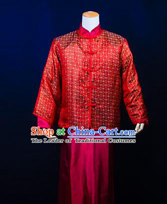 Traditional Ancient Chinese Manchu Wedding Mandarin Jacket Costume, Asian Chinese Qing Dynasty Bridegroom Red Clothing for Men