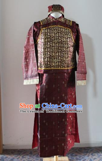 Traditional Ancient Chinese Manchu Royal Highness Mandarin Jacket Costume, Asian Chinese Qing Dynasty Emperor Purple Clothing for Men