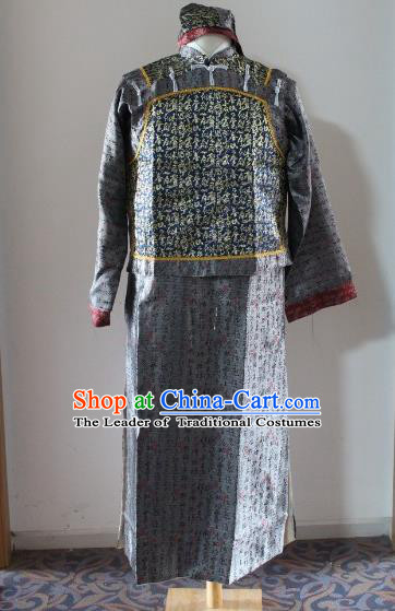 Traditional Ancient Chinese Manchu Royal Highness Mandarin Jacket Costume, Asian Chinese Qing Dynasty Emperor Grey Clothing for Men