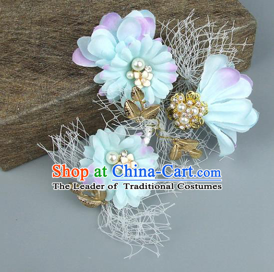 Top Grade Handmade Wedding Hair Accessories Blue Flowers Headdress, Baroque Style Bride Headwear for Women