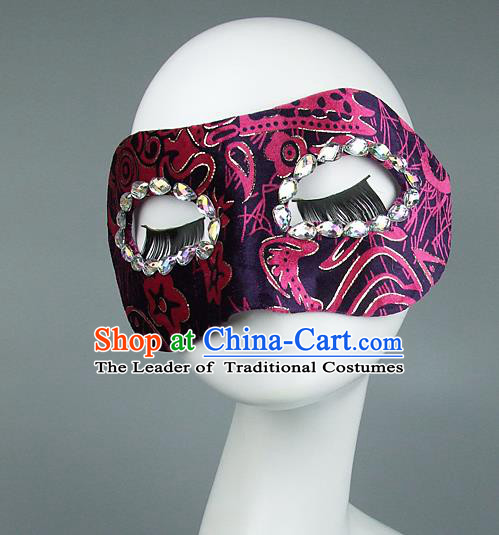 Top Grade Handmade Exaggerate Fancy Ball Model Show Crystal Pink Mask, Halloween Ceremonial Occasions Face Mask