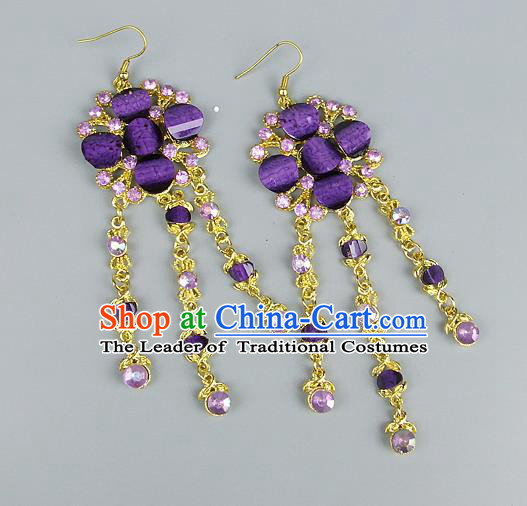 Top Grade Wedding Accessories Vintage Tassel Earrings, Baroque Style Handmade Bride Purple Crystal Eardrop for Women