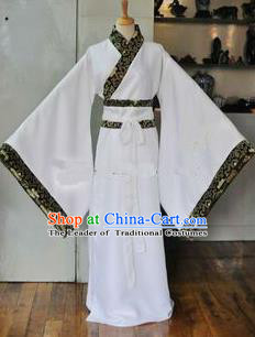 Asian China Ancient Han Dynasty Scholar Costume, Traditional Chinese Hanfu Embroidered White Robe Clothing for Men