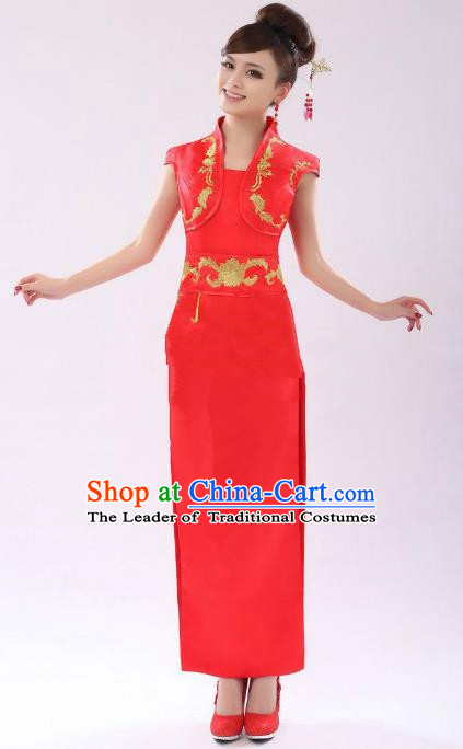 Traditional Chinese National Costume Red Wedding Qipao, China Ancient Cheongsam Long Chirpaur Dress for Women