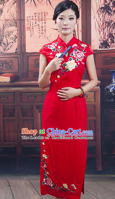 Traditional Chinese National Costume Tang Suit Qipao, China Ancient Cheongsam Embroidered Red Chirpaur Dress for Women