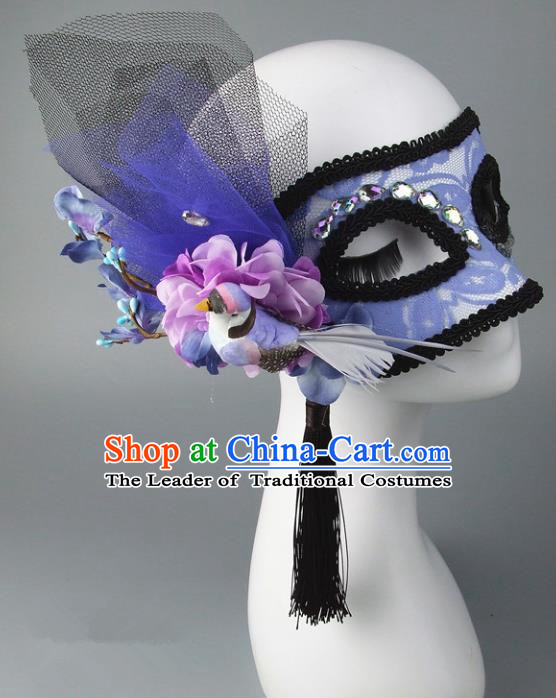 Handmade Halloween Fancy Ball Accessories Cat Blue Lace Mask, Ceremonial Occasions Miami Model Show Face Mask