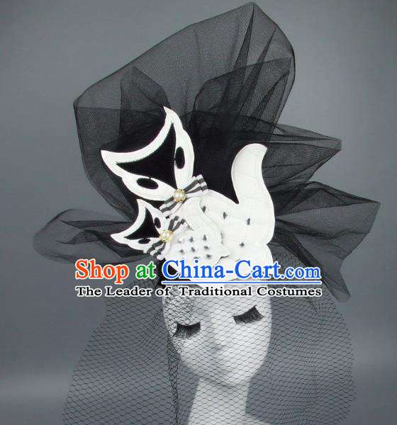 Handmade Exaggerate Fancy Ball Hair Accessories Black Veil Fox Headwear, Halloween Ceremonial Occasions Model Show Headdress