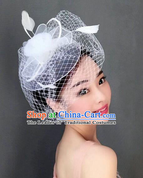 Top Grade Handmade Wedding Hair Accessories White Feather Veil Headwear, Baroque Style Bride Silk Headdress for Women