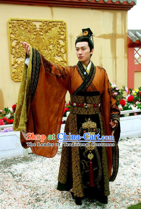 Traditional Chinese Ancient Qin Dynasties Emperor Embroidered Costume and Handmade Headpiece Complete Set
