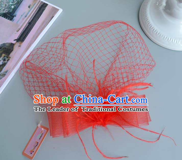 Handmade Vintage Hair Accessories Veil Red Bowknot Headwear, Bride Ceremonial Occasions Model Show Headdress