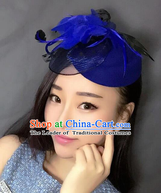 Handmade Exaggerate Wedding Hair Accessories Blue Feather Top Hat, Bride Ceremonial Occasions Vintage Headwear