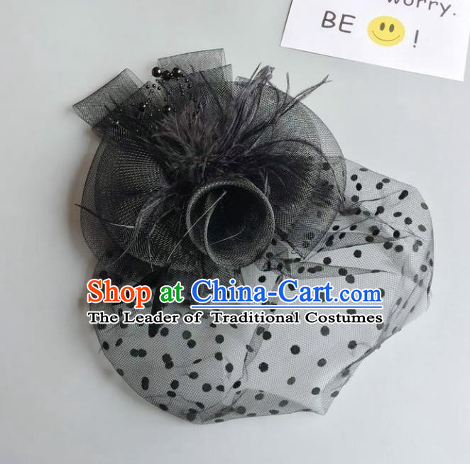 Handmade Baroque Hair Accessories Black Feather Headwear, Bride Ceremonial Occasions Vintage Veil Top Hat for Kids