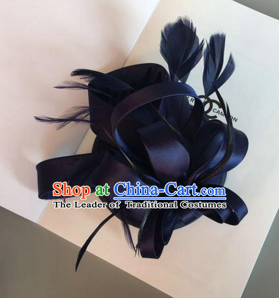 Handmade Wedding Hair Accessories Blue Feather Headwear, Bride Ceremonial Occasions Vintage Top Hat