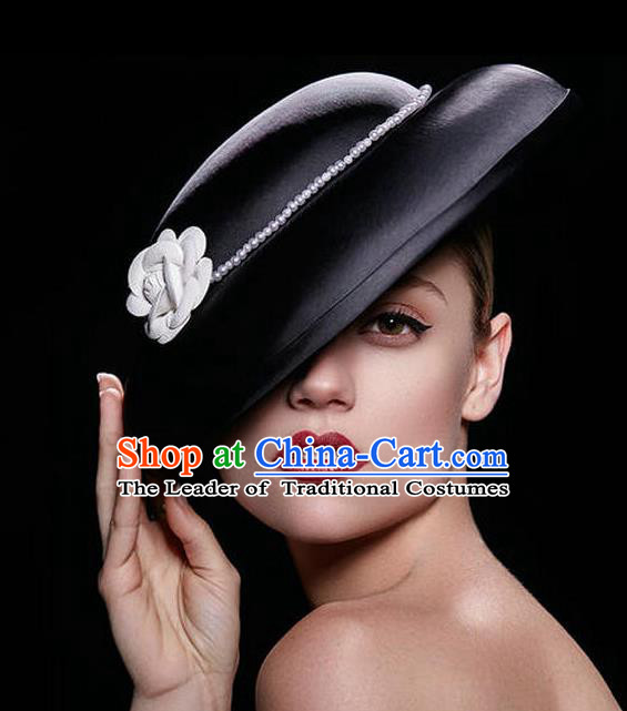 Handmade Baroque Wedding Hair Accessories Headwear, Bride Ceremonial Occasions Vintage Black Top Hat for Women