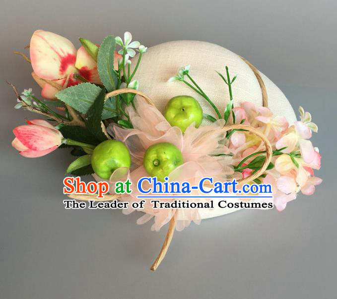Handmade Baroque Hair Accessories Model Show Pink Silk Top Hat, Bride Ceremonial Occasions Flowers Headwear for Women