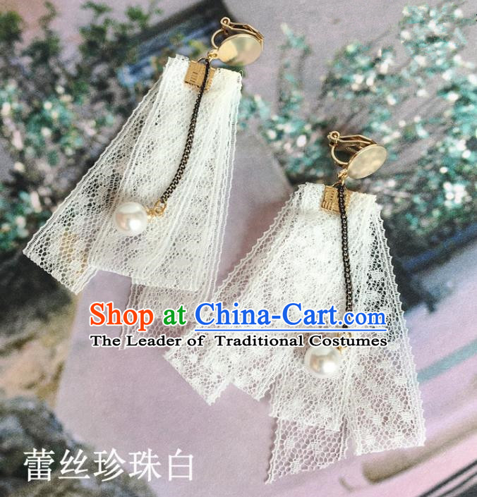 Handmade Wedding Accessories White Lace Pearls Tassel Earrings, Bride Ceremonial Occasions Vintage Eardrop for Women