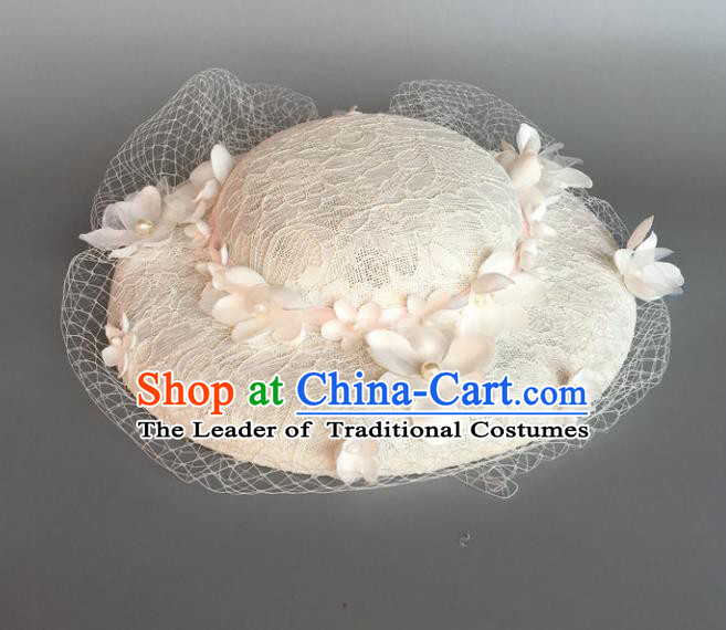 Handmade Baroque Hair Accessories Model Show White Lace Hat, Bride Ceremonial Occasions Top Hats for Women