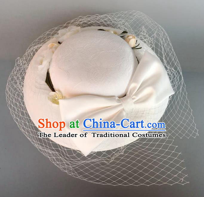 Handmade Baroque Hair Accessories Model Show White Bowknot Top Hats, Bride Ceremonial Occasions Headwear for Women