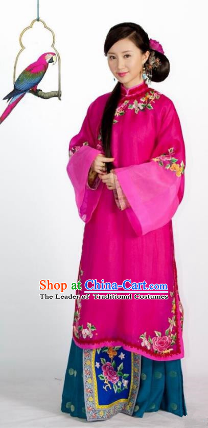 Traditional Chinese Qing Dynasty Imperial Concubine Embroidered Costume, Asian China Ancient Manchu Palace Lady Dress Clothing for Women