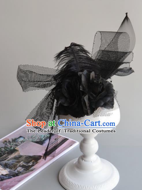Top Grade Handmade Wedding Hair Accessories Black Veil Headwear, Baroque Style Bride Feather Hair Stick for Women