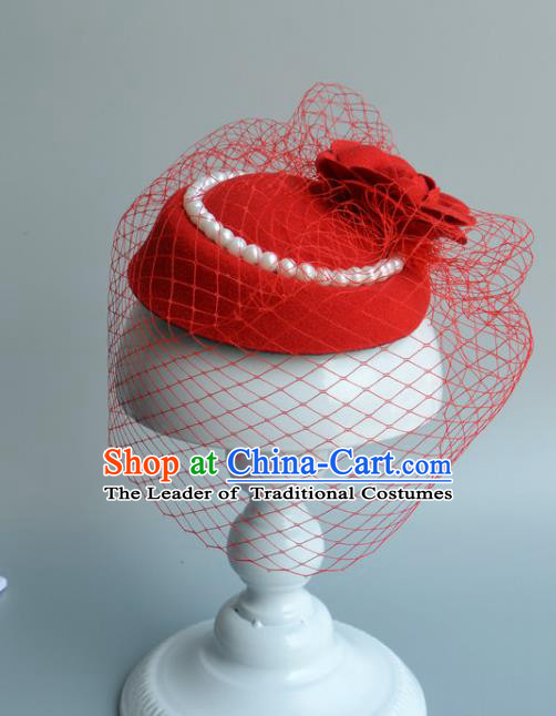 Top Grade Handmade Wedding Hair Accessories Red Veil Headwear, Baroque Style Bride Pearls Top Hat for Women