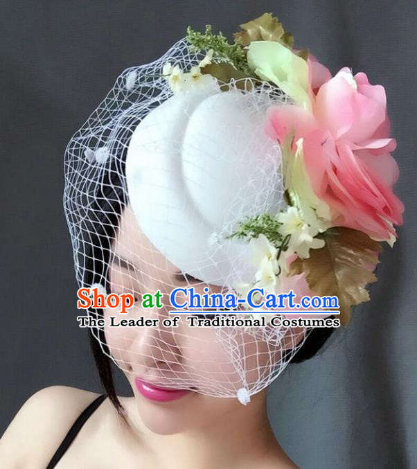 Top Grade Handmade Wedding Hair Accessories White Veil Flowers Headwear, Baroque Style Bride Pearls Top Hat for Women