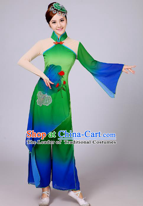 Traditional Chinese Yangge Fan Dance Embroidered Costume, Folk Lotus Dance Uniform Classical Dance Green Clothing for Women