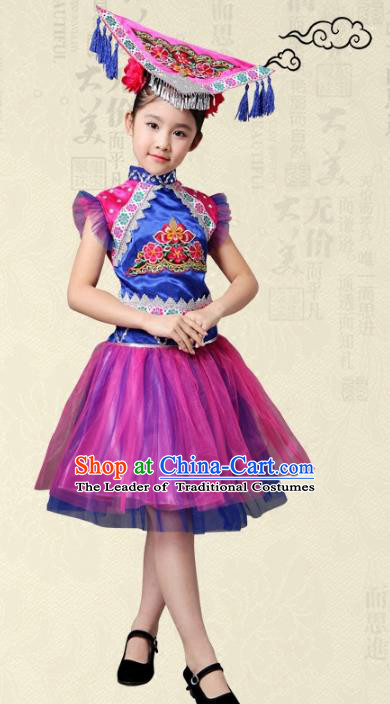 Traditional Chinese Yi Nationality Dance Costume, Female Folk Dance Ethnic Pleated Skirt Embroidery Dress Clothing for Kids