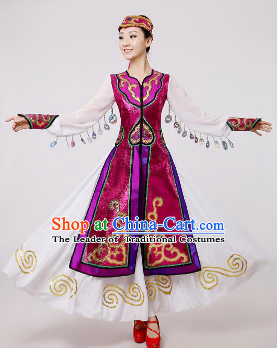 Traditional Chinese Mongol Nationality Dance Costume, Mongols Folk Dance Ethnic Pleated Skirt Mongolian Minority Embroidery Clothing for Women