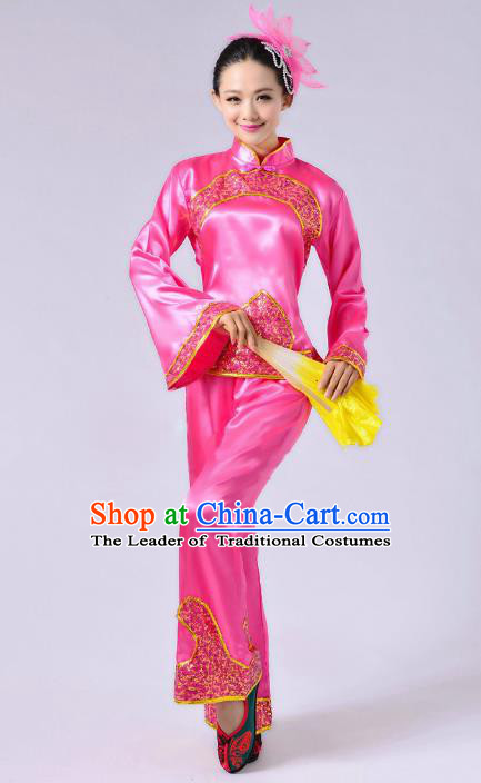 Traditional Chinese Yangge Fan Dance Mandarin Sleeve Satin Costume, Folk Dance Pink Uniform Classical Dance Clothing for Women