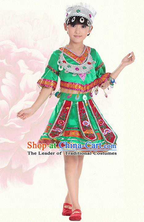 Traditional Chinese Miao Nationality Dance Costume, Hmong Children Folk Dance Ethnic Green Pleated Skirt Embroidery Clothing for Kids