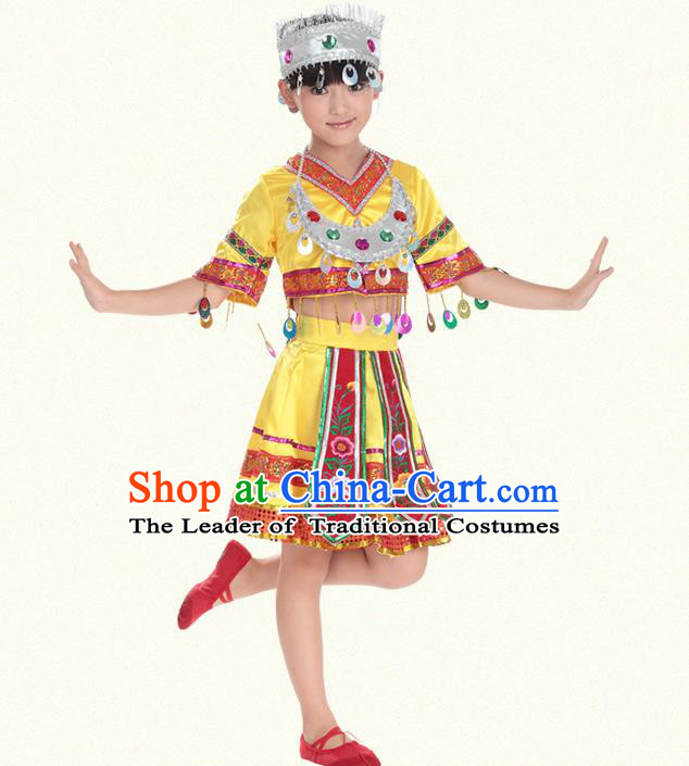 Traditional Chinese Miao Nationality Dance Costume, Hmong Children Folk Dance Ethnic Yellow Pleated Skirt Embroidery Clothing for Kids