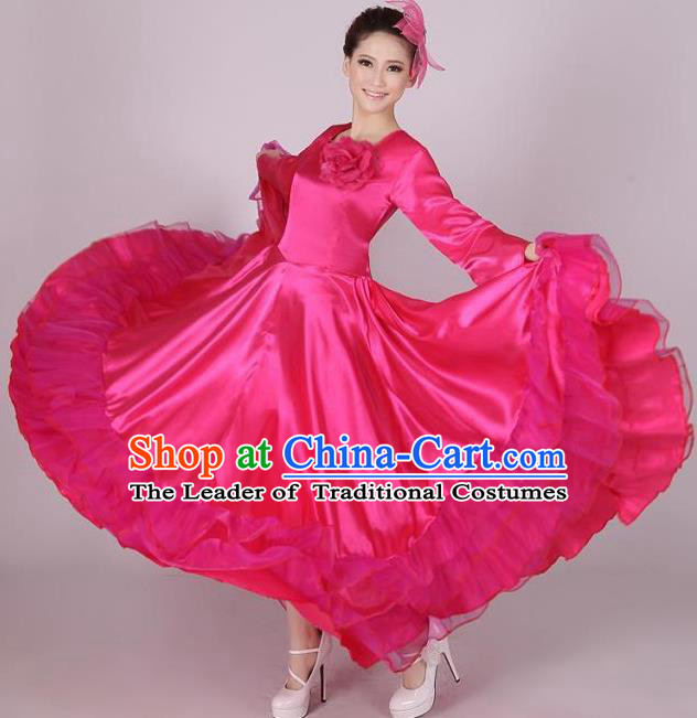 Top Grade Modern Dance Chorus Costume, Female Opening Dance Big Swing Rosy Dress for Women