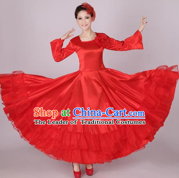 Top Grade Modern Dance Chorus Costume, Female Opening Dance Big Swing Red Dress for Women