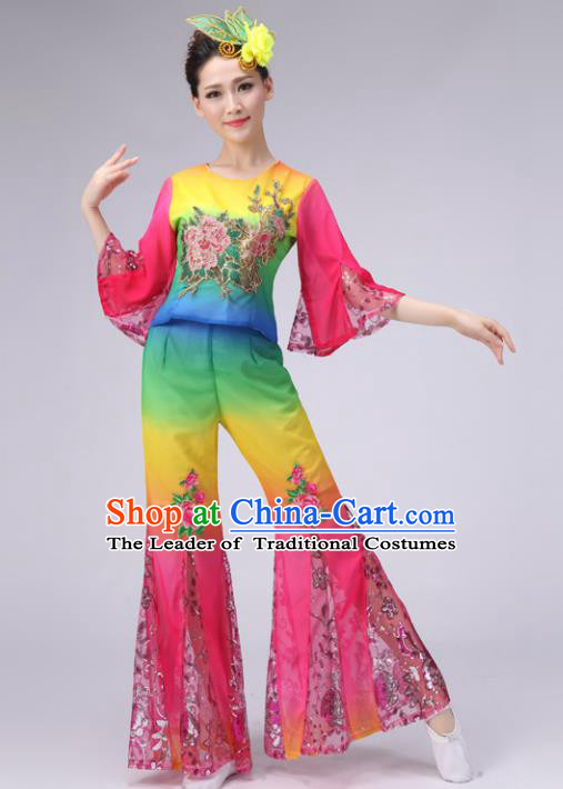 Traditional Chinese Yangge Dance Embroidered Costume, Folk Fan Dance Pink Uniform Classical Umbrella Dance Clothing for Women