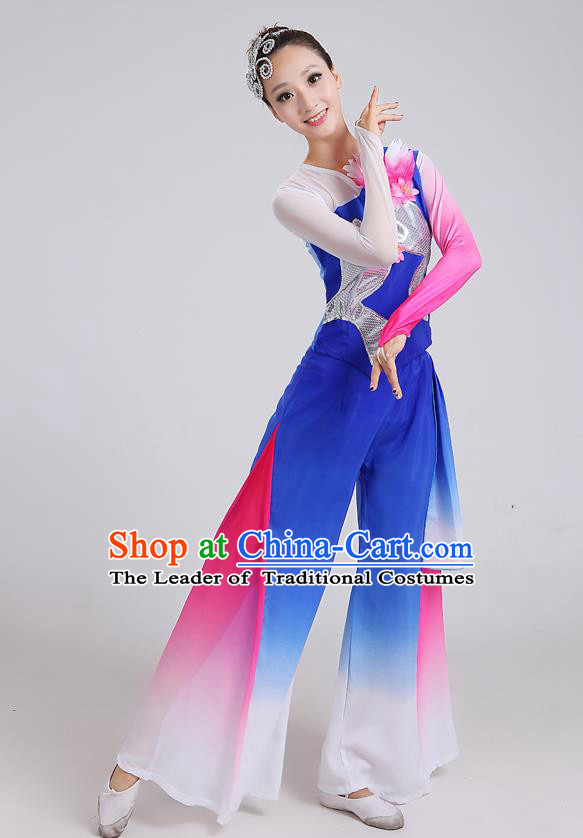 Traditional Chinese Yangge Fan Dancing Costume Modern Dance Dress Clothing and Headwear