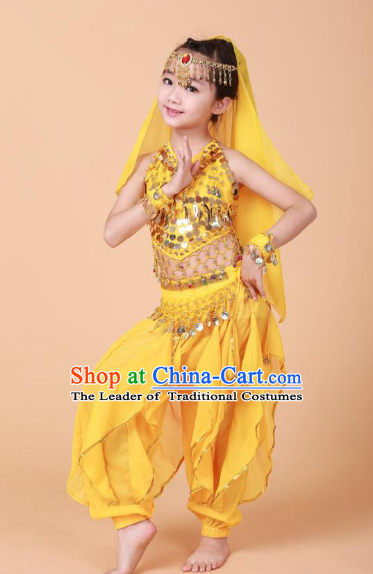 Traditional Chinese Uyghur Nationality Indian Dance Costume, China Uigurian Minority Embroidery Yellow Clothing for Kids