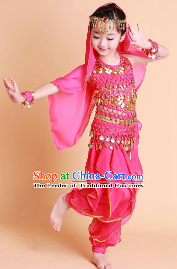 Traditional Chinese Uyghur Nationality Indian Dance Costume, China Uigurian Minority Embroidery Rosy Clothing for Kids