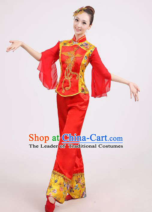 Traditional Chinese Yangge Dance Red Costume, Folk Drum Dance Uniform Classical Dance Embroidery Clothing for Women