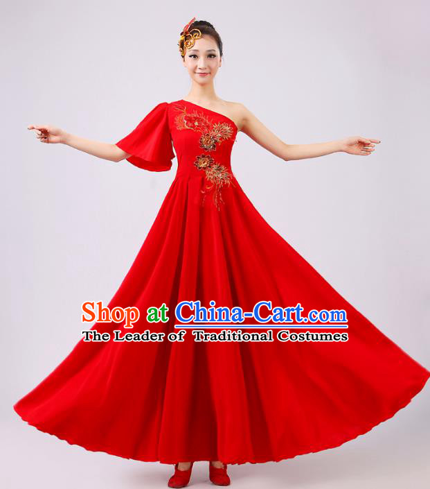 Top Grade Modern Dance Professional Competition Costume, Opening Dance Red Big Swing Chorus Dress for Women