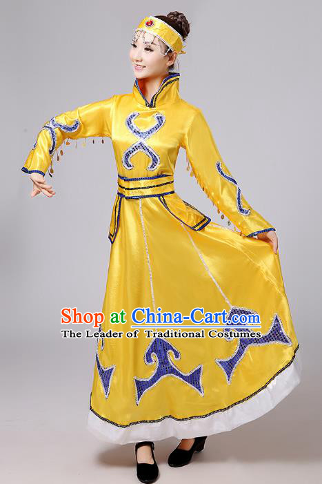 Traditional Chinese Mongol Nationality Dance Costume, China Mongolian Minority Embroidery Yellow Dress Clothing for Women