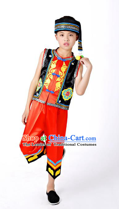 Traditional Chinese Miao Nationality Dance Costume, China Miao Minority Embroidery Black Clothing for Kids