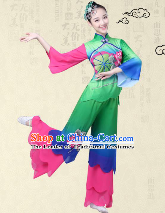 Traditional Chinese Classical Yanko Dance Printing Lotus Costume, Folk Yangge Fan Dance Green Uniform Waist Drum Dance Clothing for Women