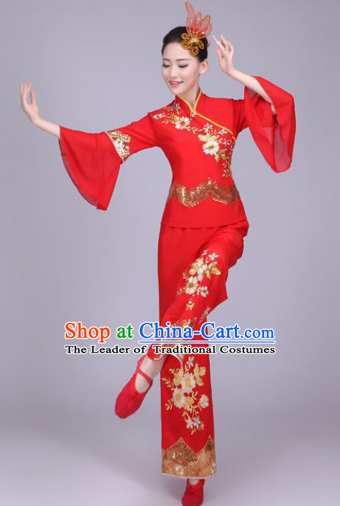 Traditional Chinese Yangge Dance Embroidered Red Costume, Folk Fan Dance Uniform Classical Drum Dance Clothing for Women