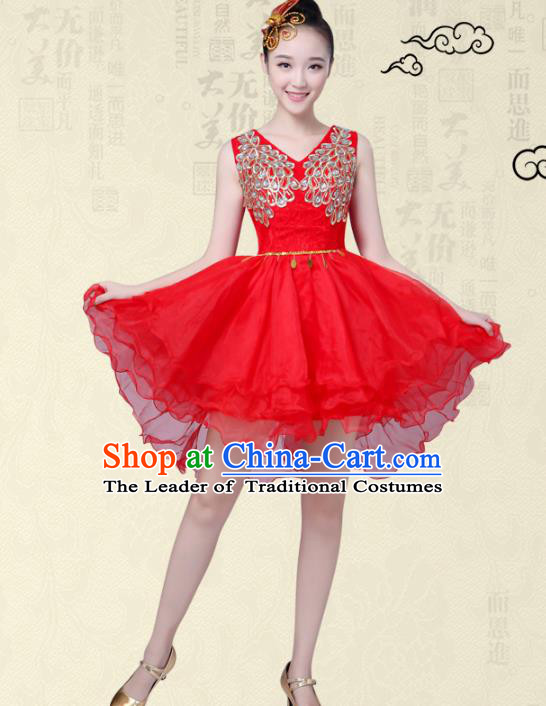 China Modern Dance Professional Chorus Competition Costume, Opening Dance Embroidered Red Bubble Dress for Women