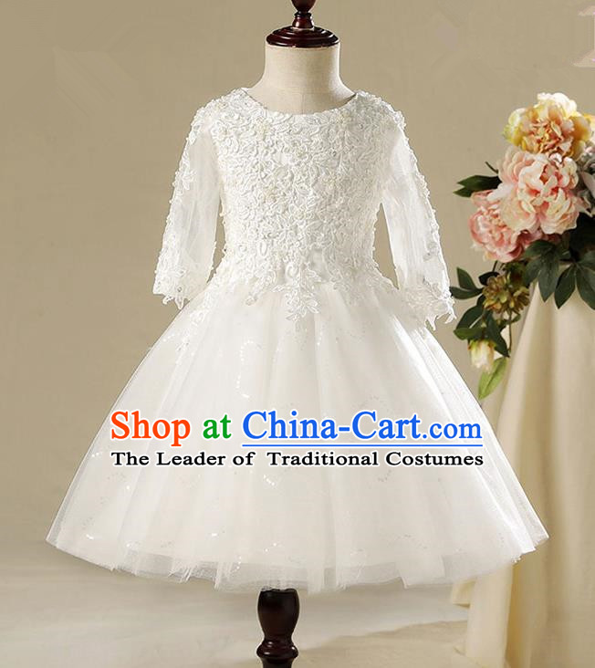 Children Modern Dance Flower Fairy Costume, Classic Chorus Group Clothing Princess White Bubble Veil Short Dress for Girls