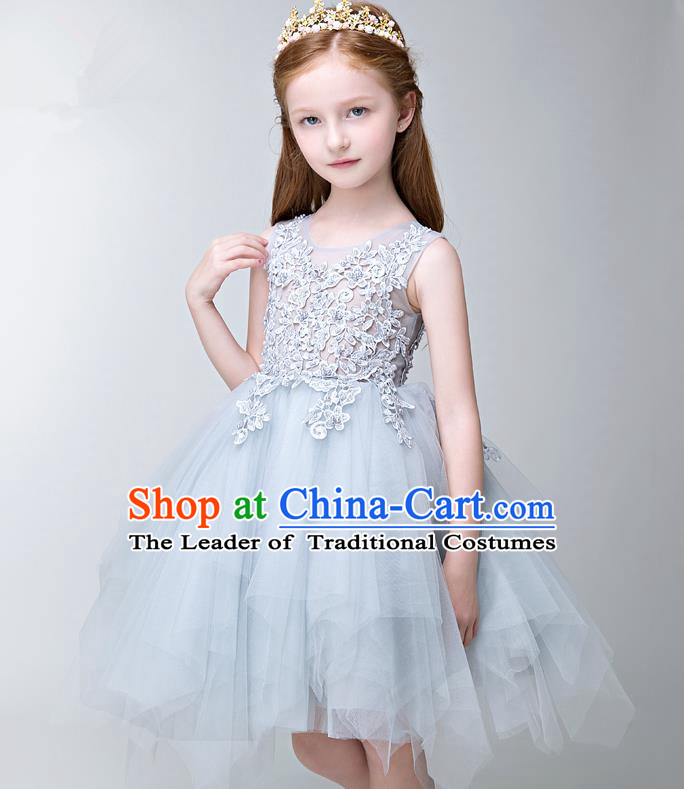 Children Modern Dance Flower Fairy Costume Blue Bubble Dress, Performance Model Show Clothing Princess Veil Dress for Girls
