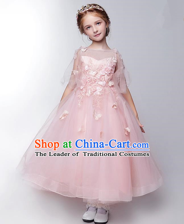 Children Modern Dance Flower Fairy Costume Pink Long Bubble Dress, Performance Model Show Clothing Princess Veil Full Dress for Girls