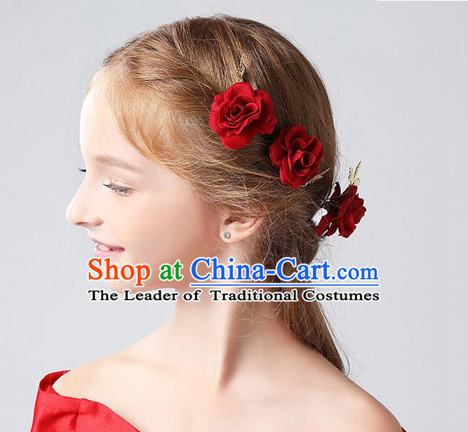 Handmade Children Hair Accessories Red Rose Hair Stick, Princess Model Show Headwear Hair Clasp for Kids