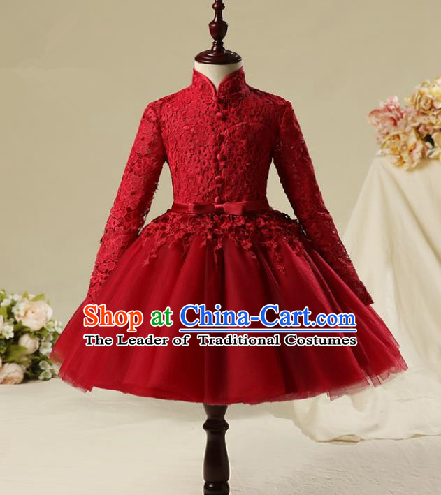 Children Modern Dance Costume Red Embroidery Bubble Dress, Ceremonial Occasions Model Show Princess Veil Full Dress for Girls